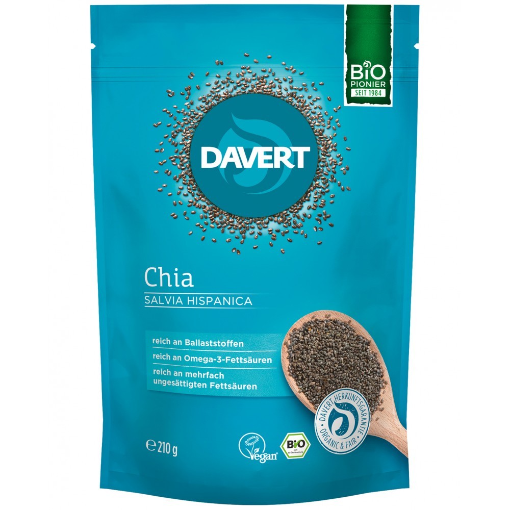 Pungă albastră Davert Chia Bio 210g, semințe chia organice.