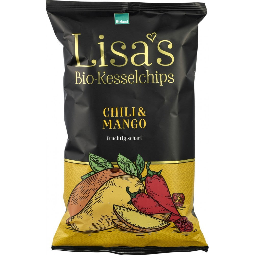 Pungă neagră cu chipsuri bio Lisa's Kesselchips chili și mango, ilustrație chili și mango.
