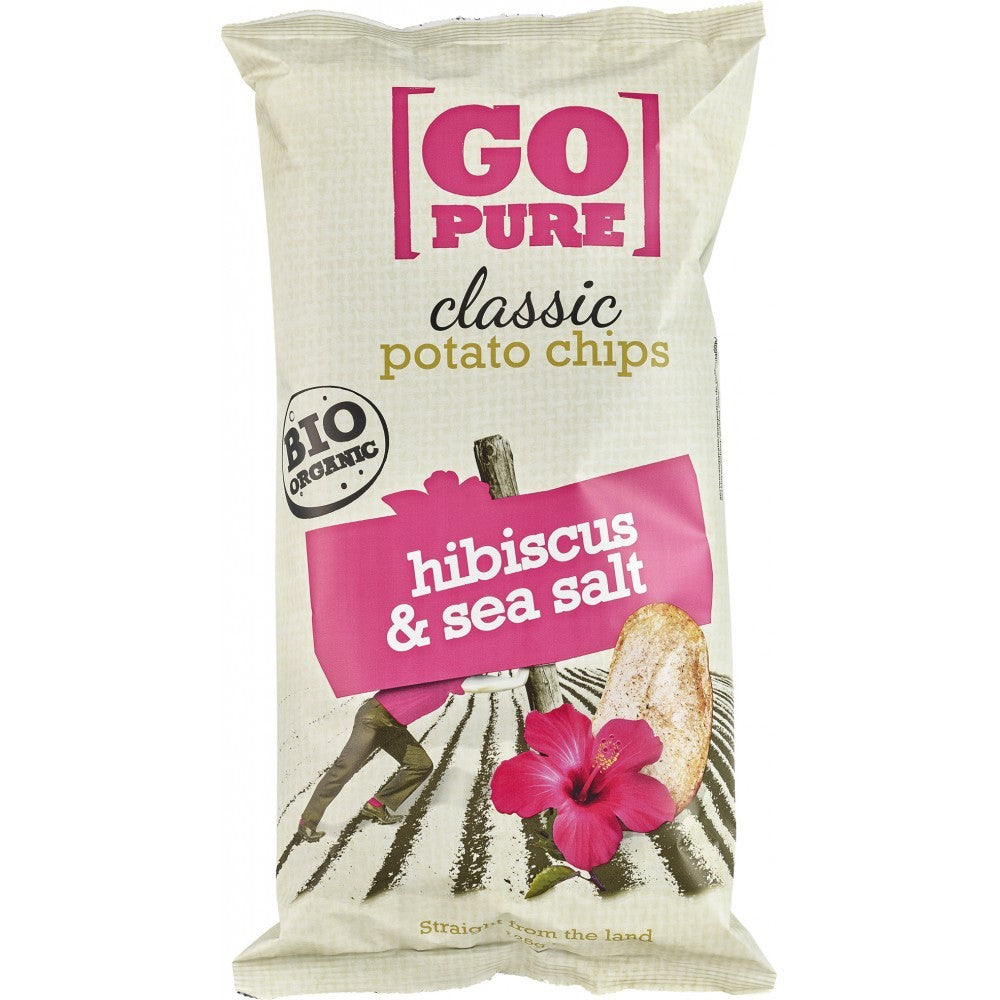 Chipsuri de cartofi GoPure hibiscus sare de mare 125g, ambalaj eco, design floral, BIO organic