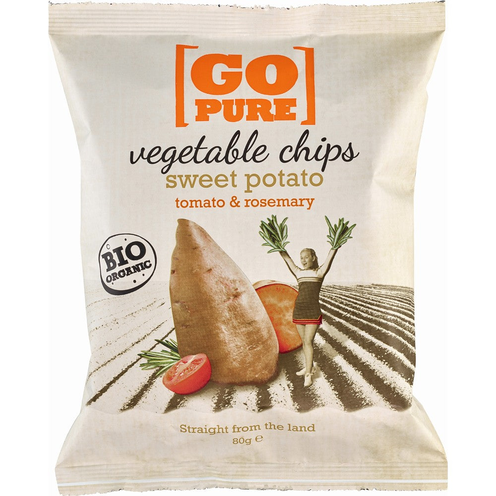 Pungă GoPure chipsuri bio din cartofi dulci și roșii cu rozmarin 80g, imagine mediteraneană.