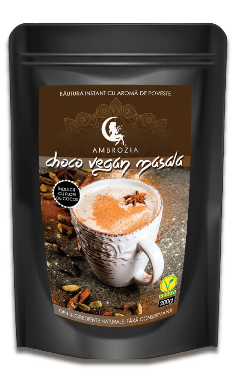 Punguță neagră cu Choco vegan masala 200g, Ambrozia, etichetă maro și ceai în cană albă decorată.