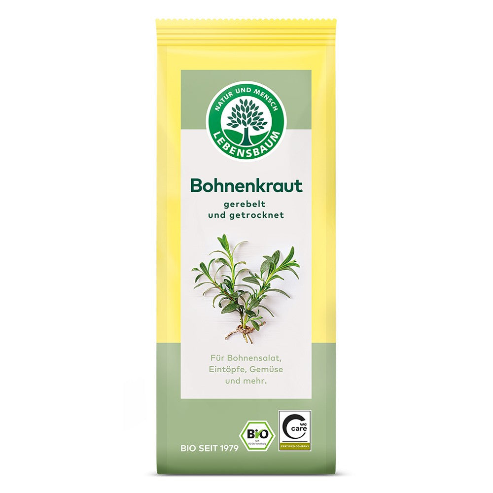 Pachet galben cu Cimbrisor Cimbru salbatic bio Lebensbaum, desen planta verde, text german.