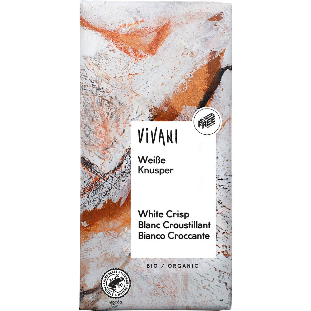 Ciocolată albă crocantă Vivani 100g, ambalaj artistic colorat, organică și fără plastic.