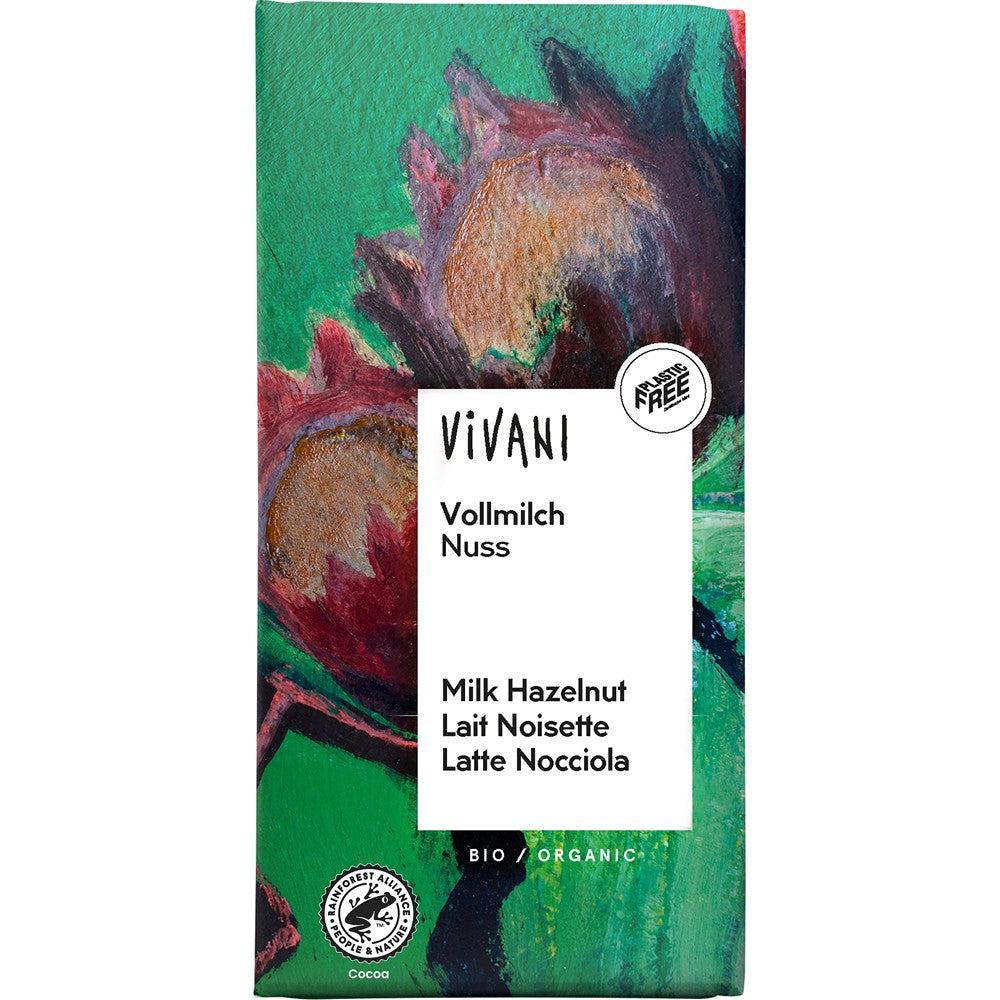 Ciocolată bio Vivani cu alune și lapte integral, 100g, ambalaj artistic colorat.