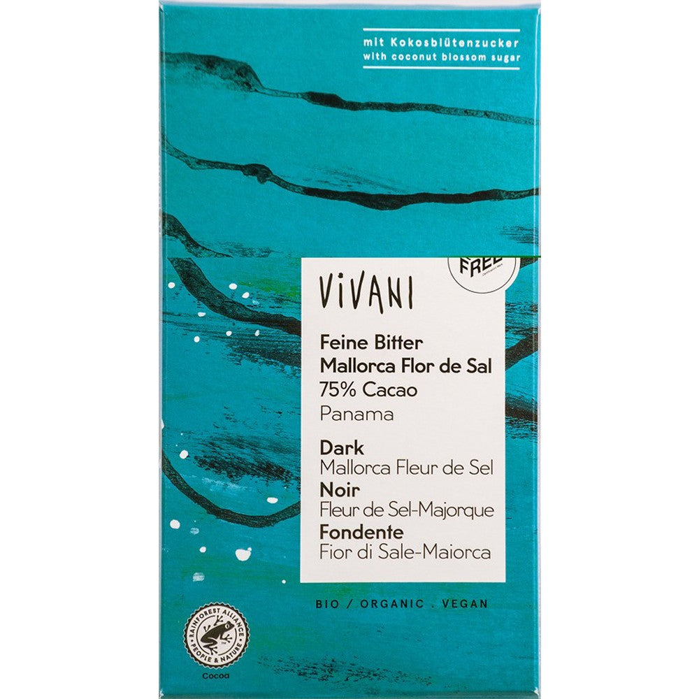 Ciocolată amăruie 75% cacao Vivani cu flori de sare, ambalaj verde, bio, organic.