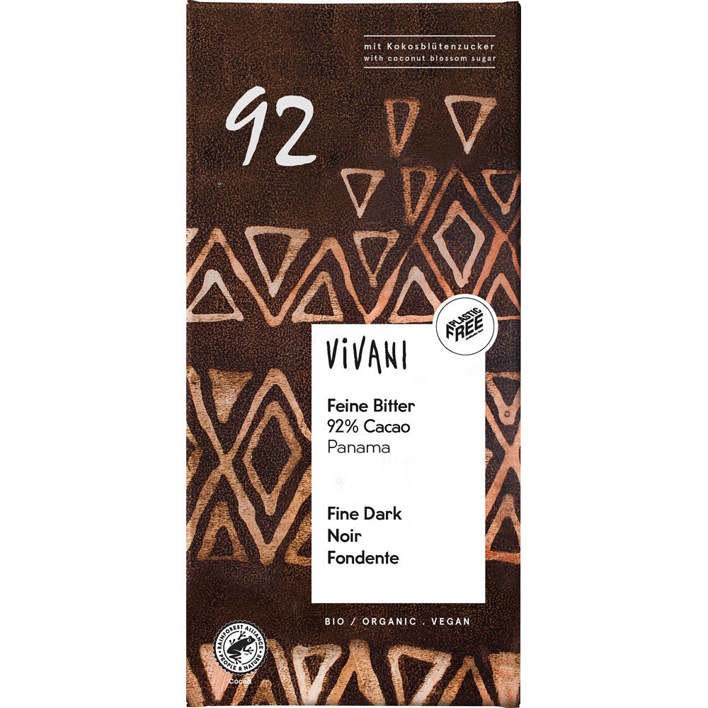 Ciocolată amăruie bio 92% cacao vegană Vivani, ambalaj maro cu modele geometrice.