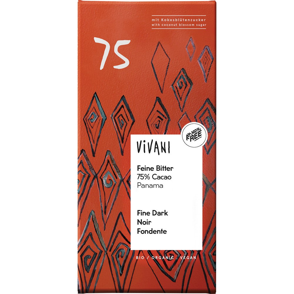 Ciocolata amaruie Vivani 75% cacao Panama, ambalaj maro cu motive geometrice.