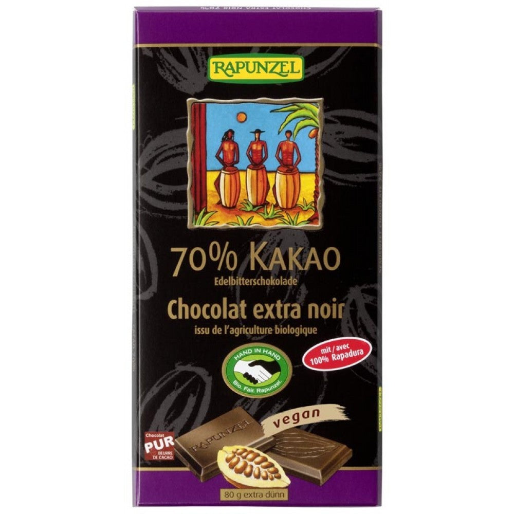 Ciocolată bio amăruie 70% cacao, Rapunzel, 80g, ambalaj negru cu detalii mov și etichete eco.
