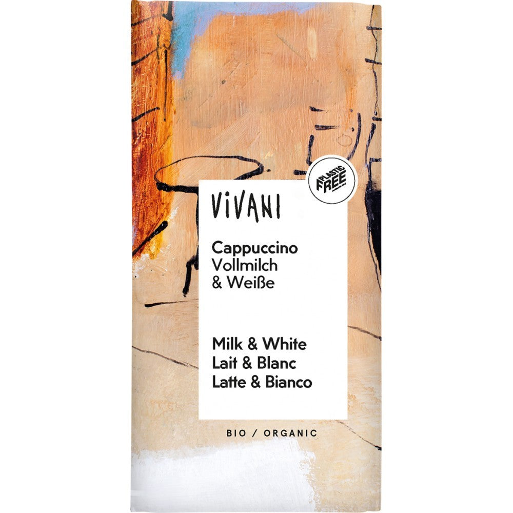 Ciocolata bio cappuccino Vivani 100g, ambalaj artistic cu nuanțe cafea și crem, fără aditivi.