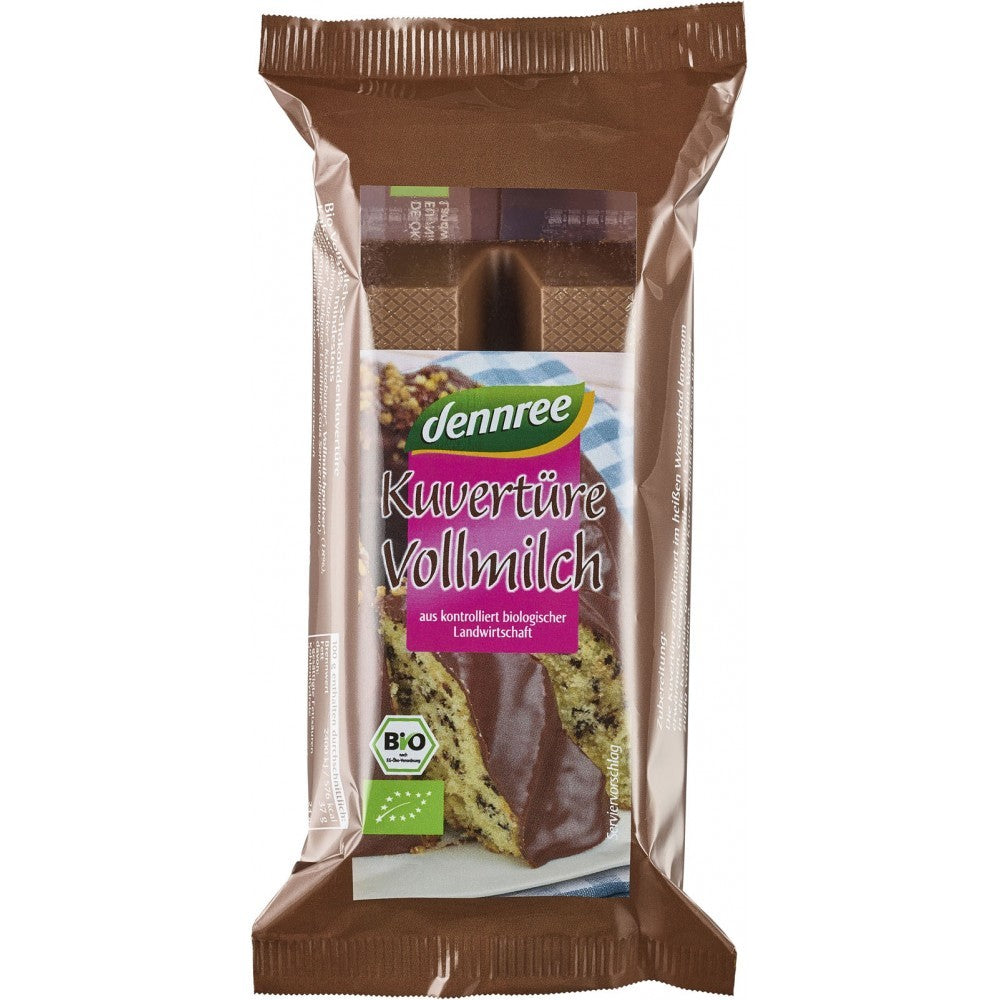 Ciocolată cu lapte cuvertură Dennree 150g ambalaj maro, design atractiv.