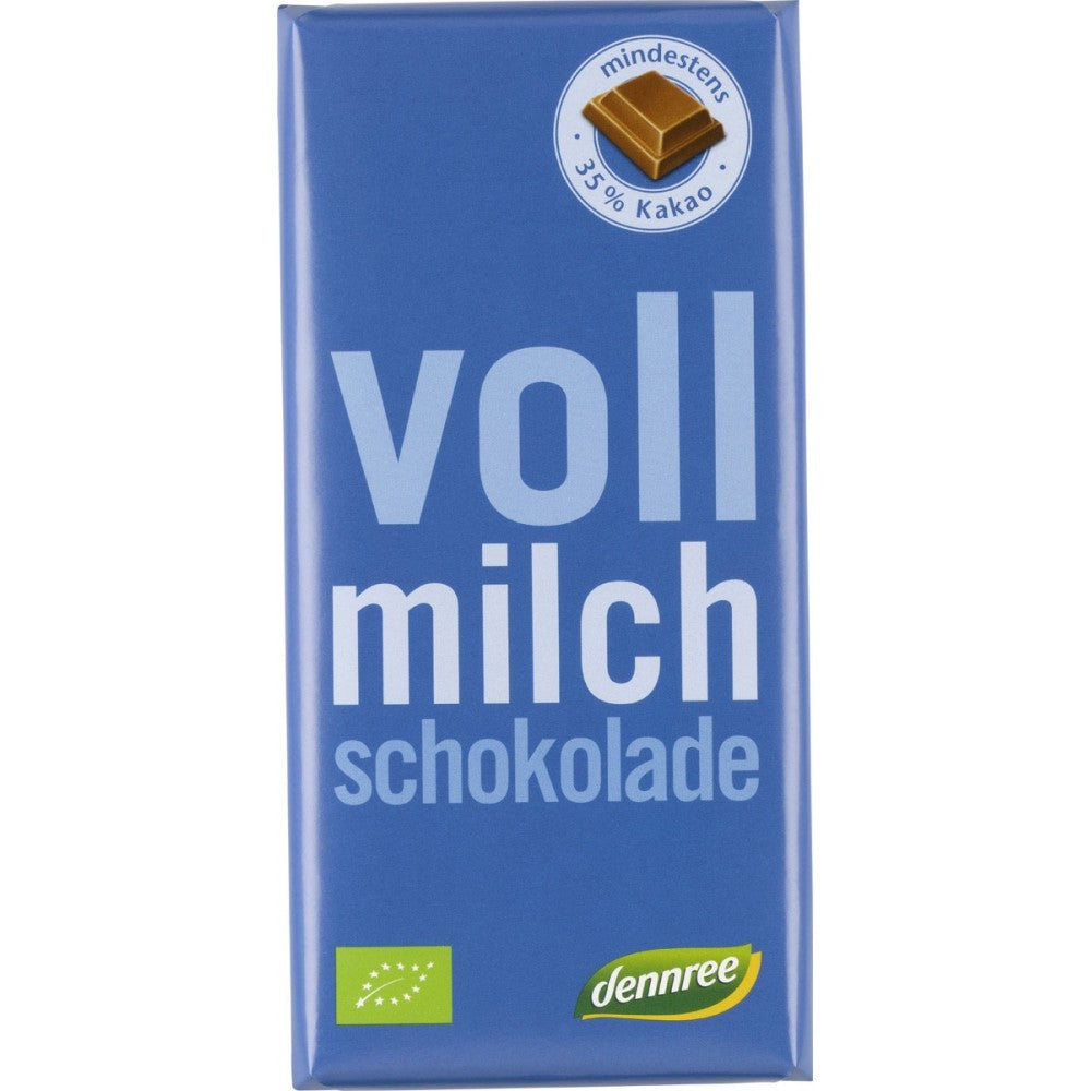 Ciocolată cu lapte integral 36% cacao 100g Dennree, ambalaj albastru cu logo organic.