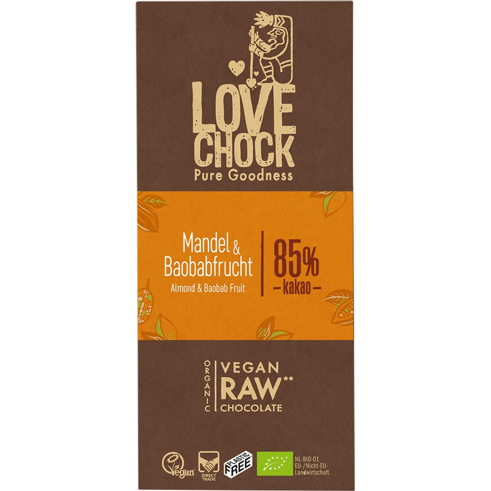 Ciocolata raw vegană Lovechock cu migdale și baobab, ambalaj maro și portocaliu, 85% cacao.