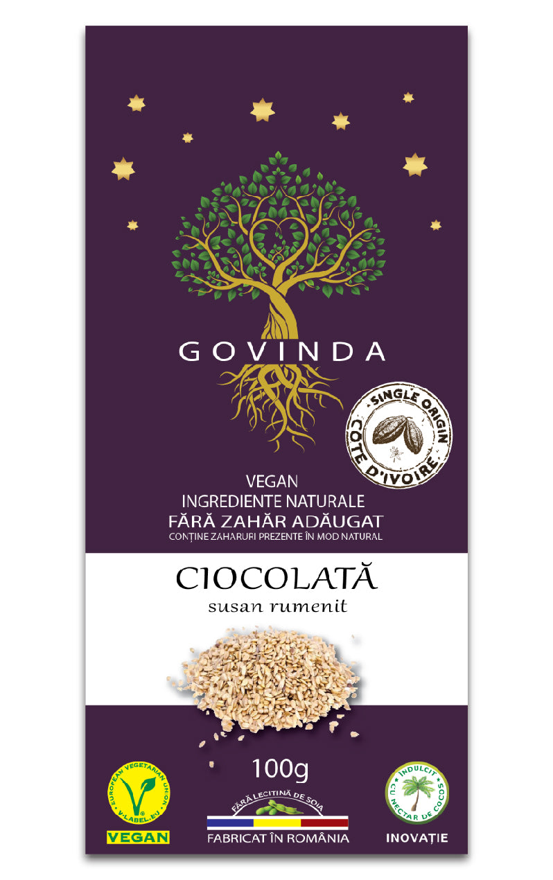 Ciocolata vegana cu susan rumenit, 100g, govinda 1