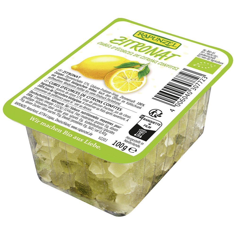 Coajă de lămâie bio confiată Rapunzel, 100g, galben deschis în ambalaj transparent.