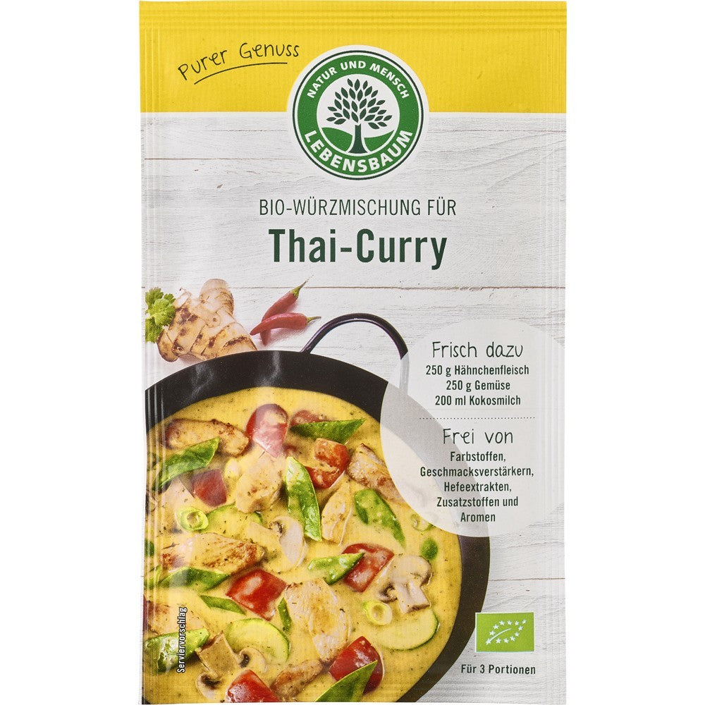 Condiment bio Thai-Curry Lebensbaum, ambalaj galben, imagine cu curry colorat, logo verde.