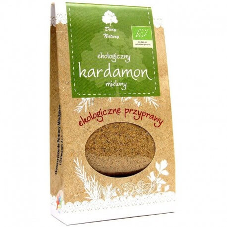 Condiment Cardamon Măcinat Bio Dary Natury 50g, ambalaj eco maro cu fereastră și etichetă verde.