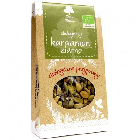 Condiment Cardamon Semințe Bio Dary Natury, 40g, ambalaj cartonat, pastăi verzi vizibile.