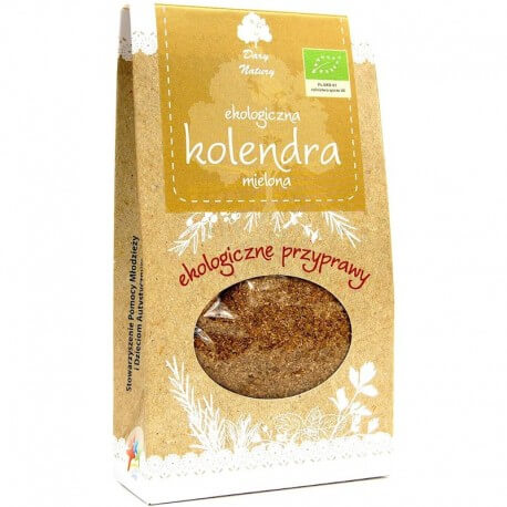 Condiment Coriandru Macinat Bio 30g Dary Natury în ambalaj kraft organic cu fereastră.