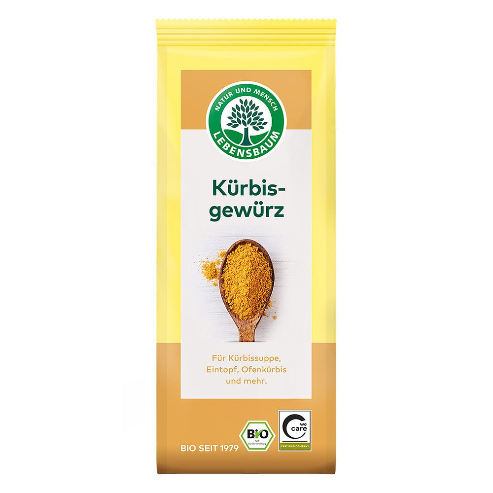 Condiment cu dovleac 50g Lebensbaum, ambalaj galben, certificat bio, ingrediente naturale.