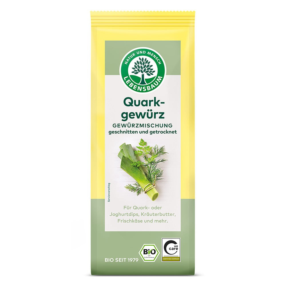 Condiment pentru quark Lebensbaum 30g, ambalaj galben-verde, ingrediente bio ilustrare plante.