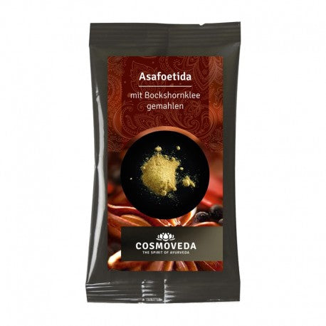Pungă Condimente Indiene Asafoetida Bio 10g Cosmoveda, design negru și roșu, text alb.