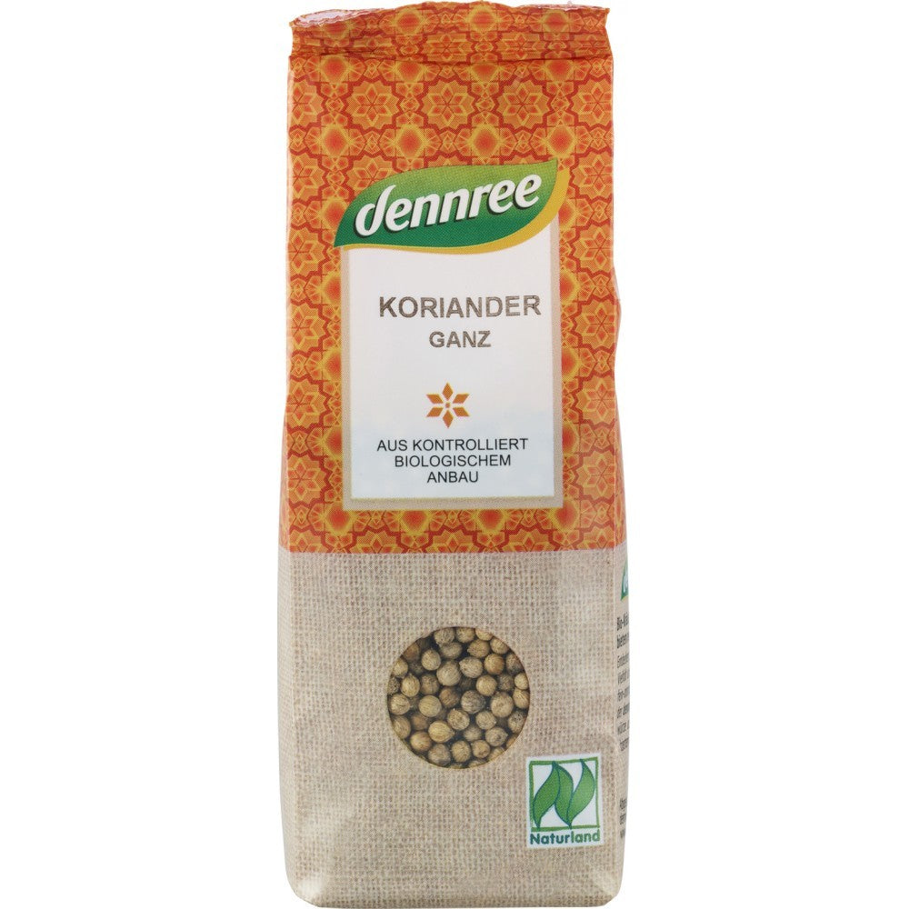 Punga de semințe de coriandru bio Dennree, portocalie, 45g, etichetă albă.