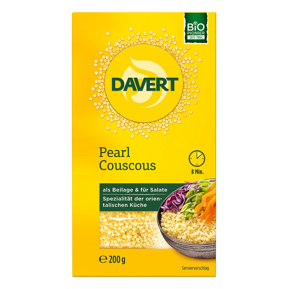 Cous cous perlat bio Davert 200g, ambalaj galben, ingrediente grâu dur.