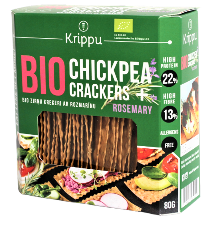 Crackers bio din năut cu rozmarin, în ambalaj verde, 80g, fără gluten și aditivi.