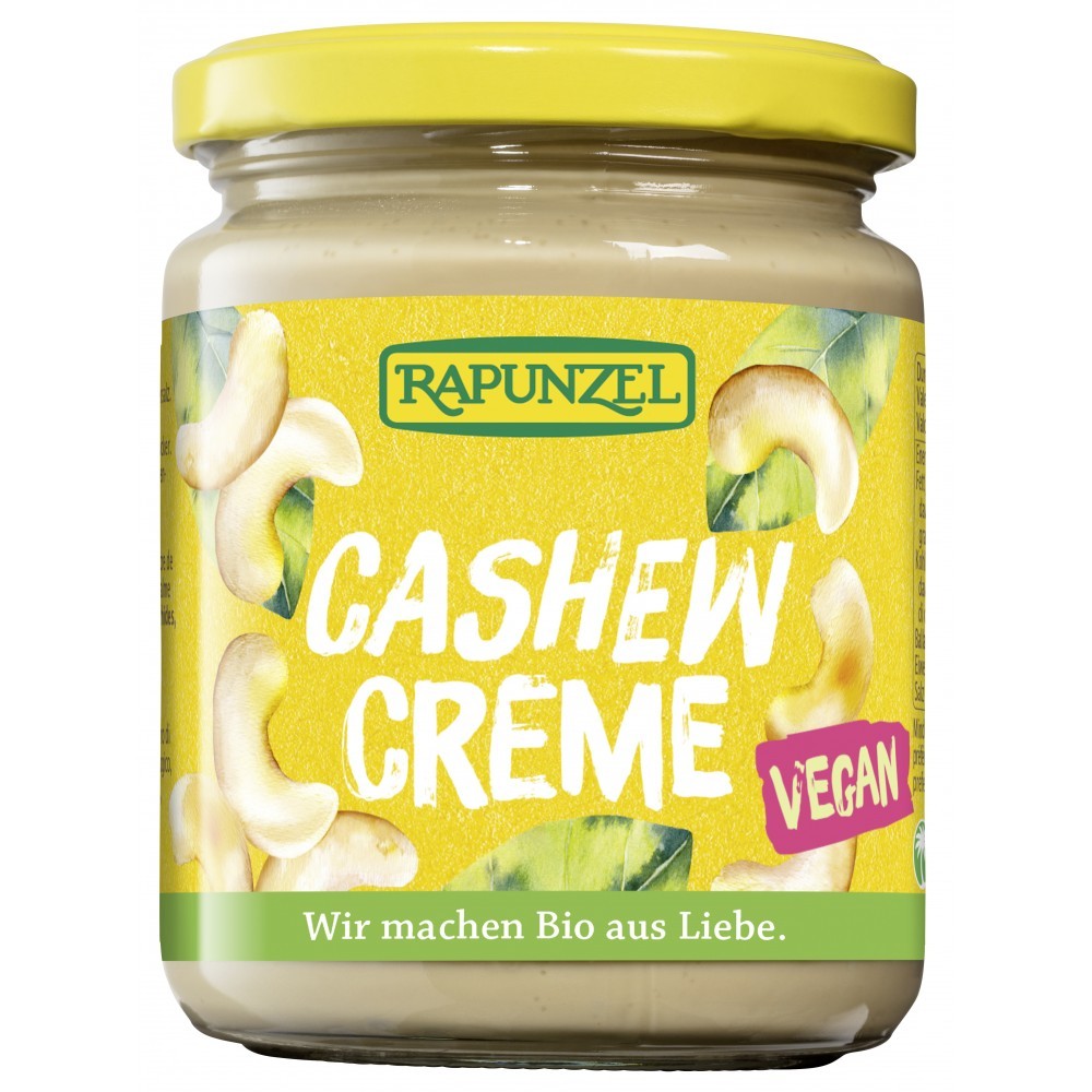 Cremă bio de caju vegan 250g Rapunzel borcan galben text alb.