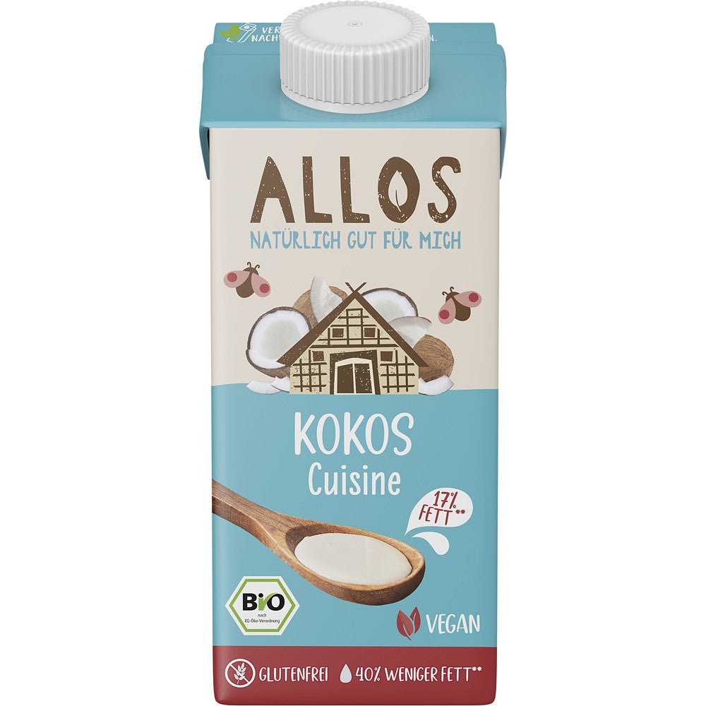 Crema de cocos bio pentru gătit 200ml Allos, ambalaj albastru și alb, etichetă vegan și gluten-free.