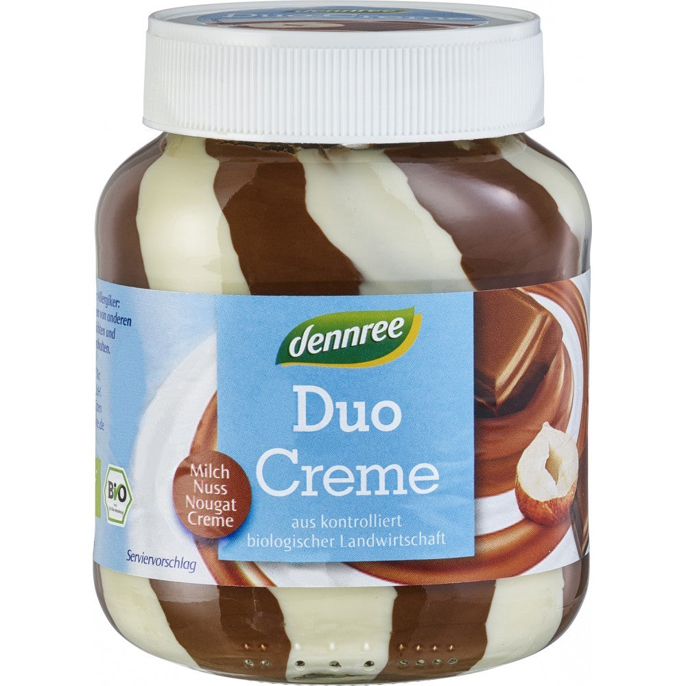 Crema duo Dennree cu alune și lapte bio 400g, borcan cu dungi maro și albe.