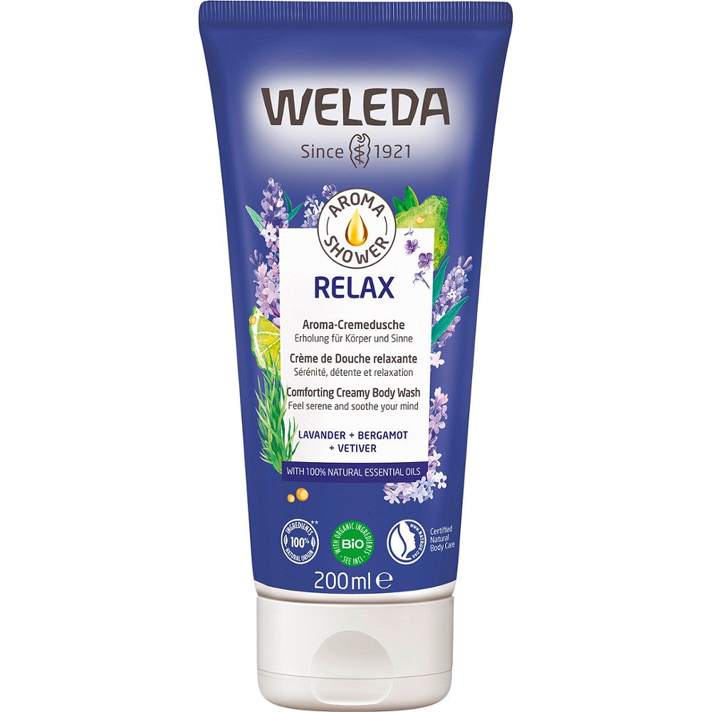 Crema de duș Relax 200ml Weleda, ambalaj albastru, ulei esențial de lavandă bio, calmant și relaxant.