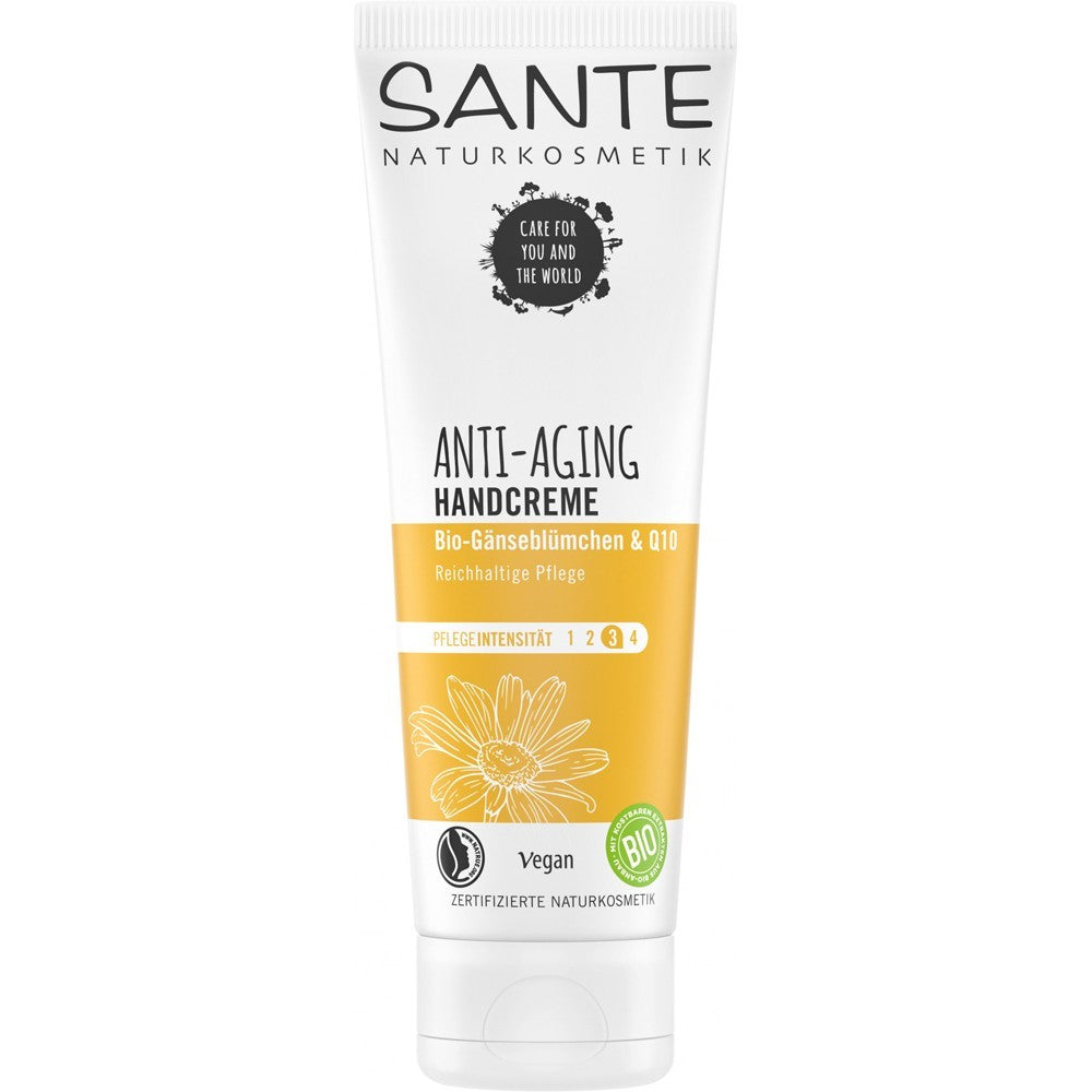 Crema de mâini Anti Aging Sante 75ml, cu Q10 și extract de rodie bio, etichetă alb-galbenă.