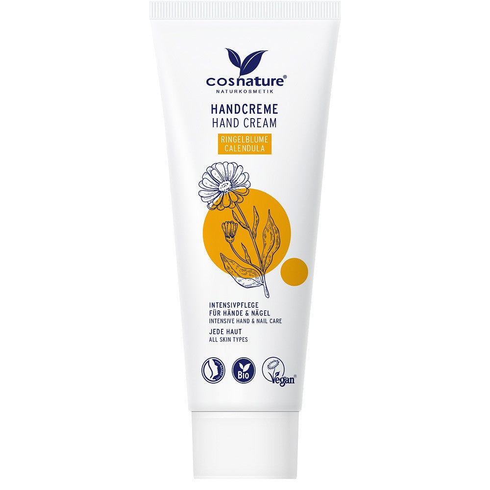 Crema de mâini cu gălbenele bio Cosnature 75ml, ambalaj alb cu detalii galbene și logo vegan.
