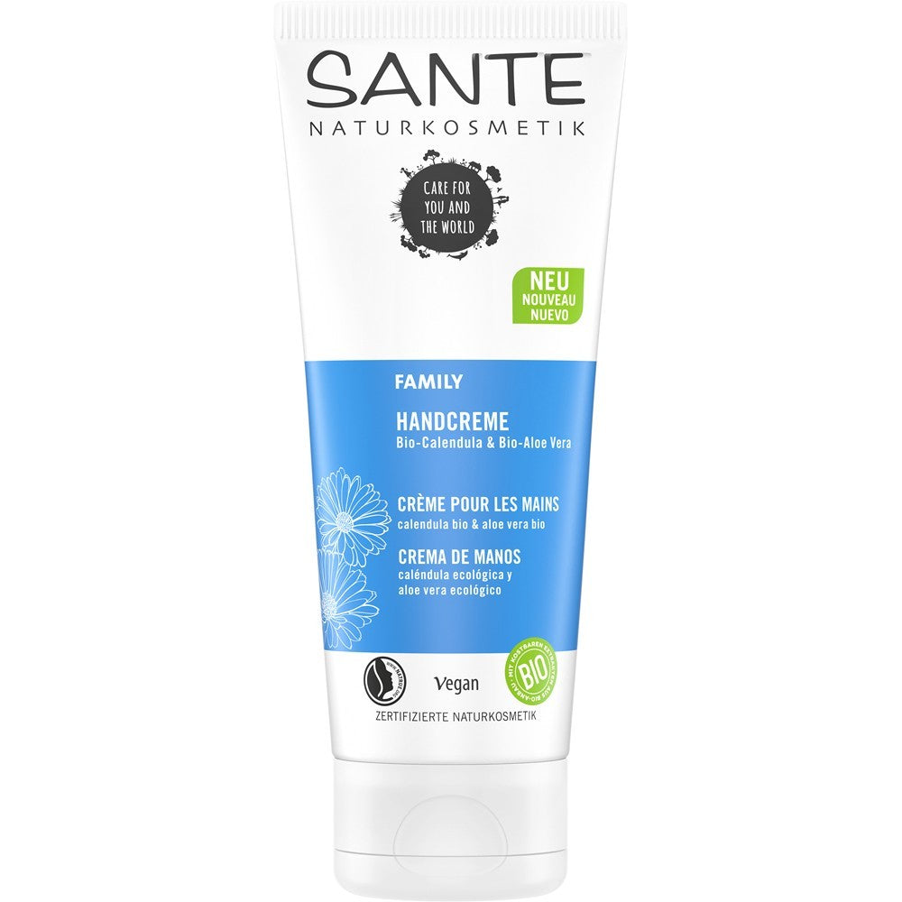 Cremă de mâini Sante cu gălbenele și aloe vera bio, tub 100ml, alb-albastru.