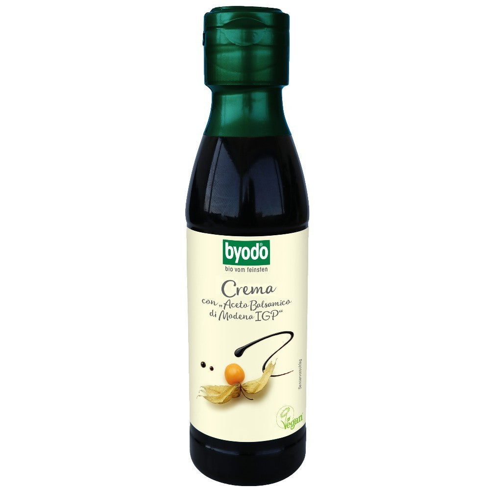 Sticlă Crema de oțet balsamic de Modena IGP Byodo 150ml, etichetă albă și dop verde.