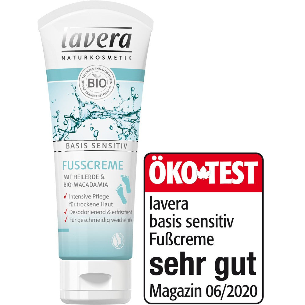 Crema pentru picioare Lavera cu macadamia bio, 75ml, tub albastru și alb, etichetă ÖKO-TEST.