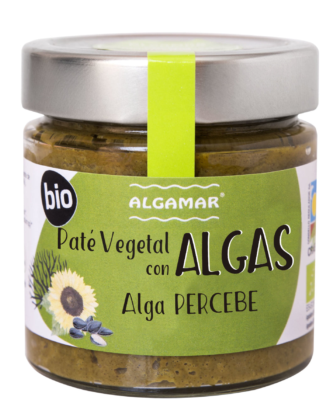 Crema tartinabilă cu alge percebes eco 180g Algamar, etichetă verde, borcan sticlă cu capac metalic.