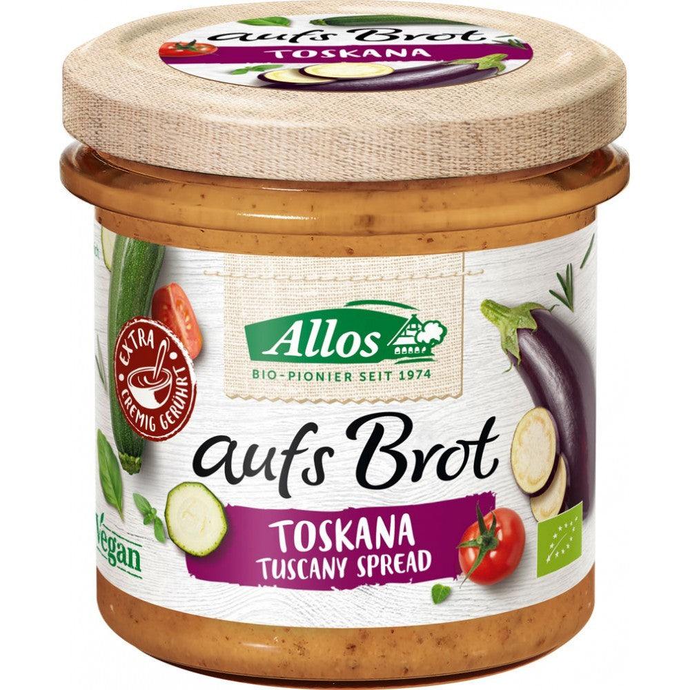 Crema tartinabilă bio Toskana Allos 140g, etichetă colorată, legume vizibile, capac din lemn.
