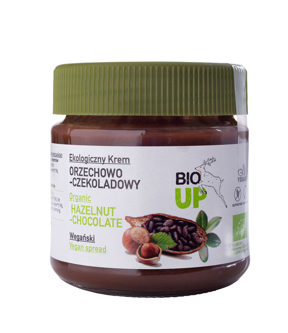 Cremă tartinabilă bio cu alune și ciocolată, borcan 190g, capac verde.