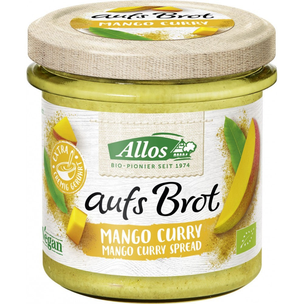 Crema tartinabilă Allos mango curry 140g, borcan cu capac bej, etichetă cu mango și curry.