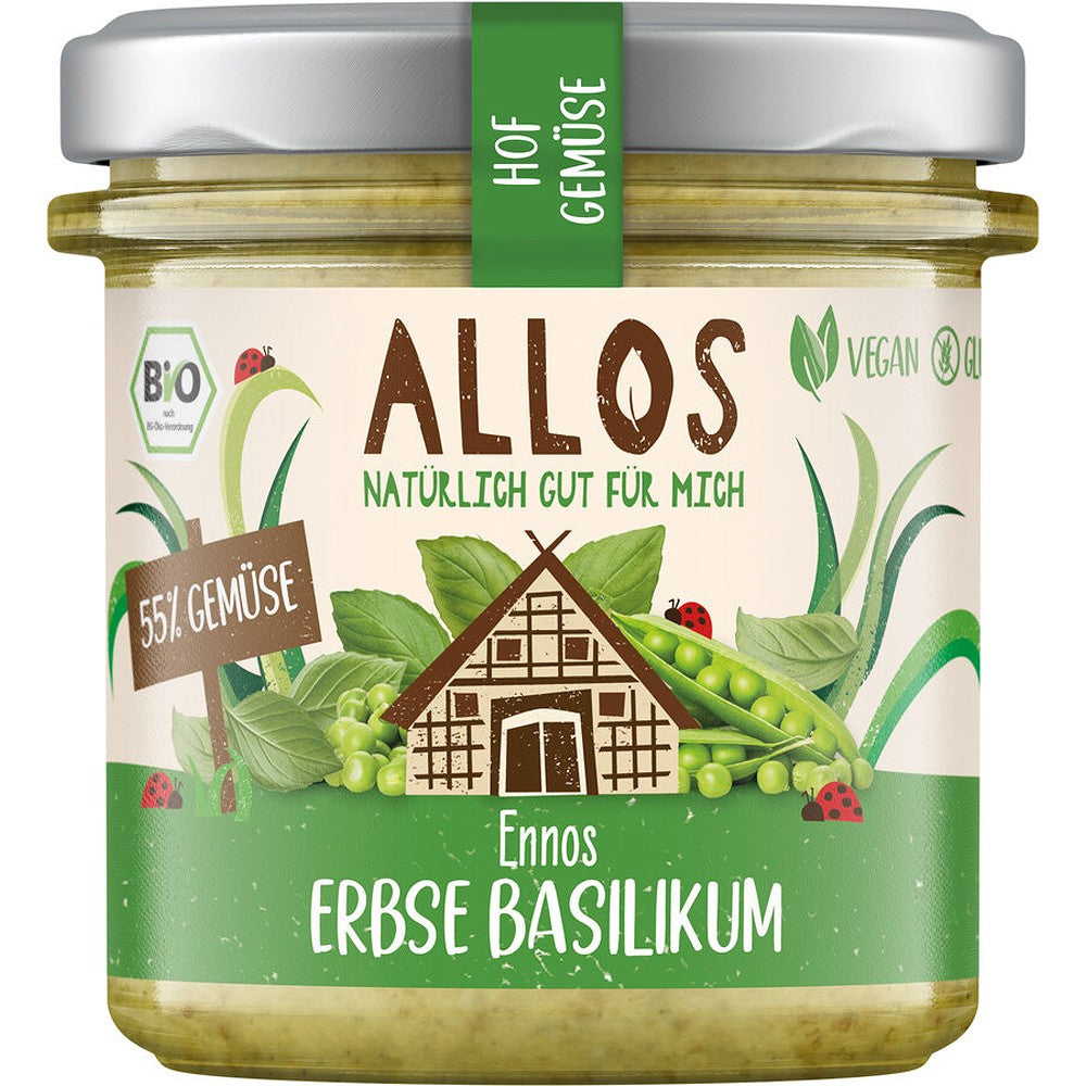 Crema tartinabilă cu mazăre și busuioc Allos 135g, etichetă verde-albă, borcan transparent.