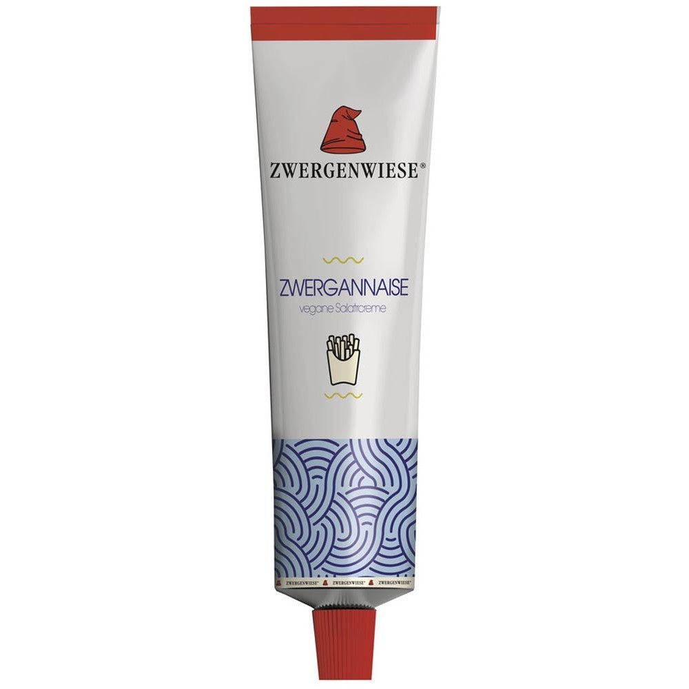 Tub cremă vegană salată Zwergenwiese 200ml, logo roșu, design albastru unduitor.