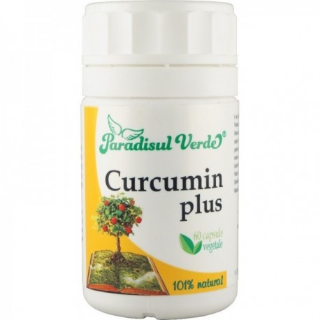 Flacon alb Curcumin Plus Paradisul Verde 60 capsule vegetale, etichetă cu text verde și imagine copac.