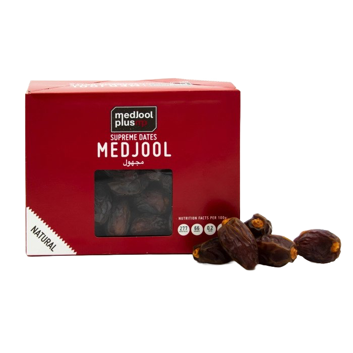 Curmale Medjool medium 1 kg în ambalaj roșu, cu deschidere transparentă și inscripții naturale.