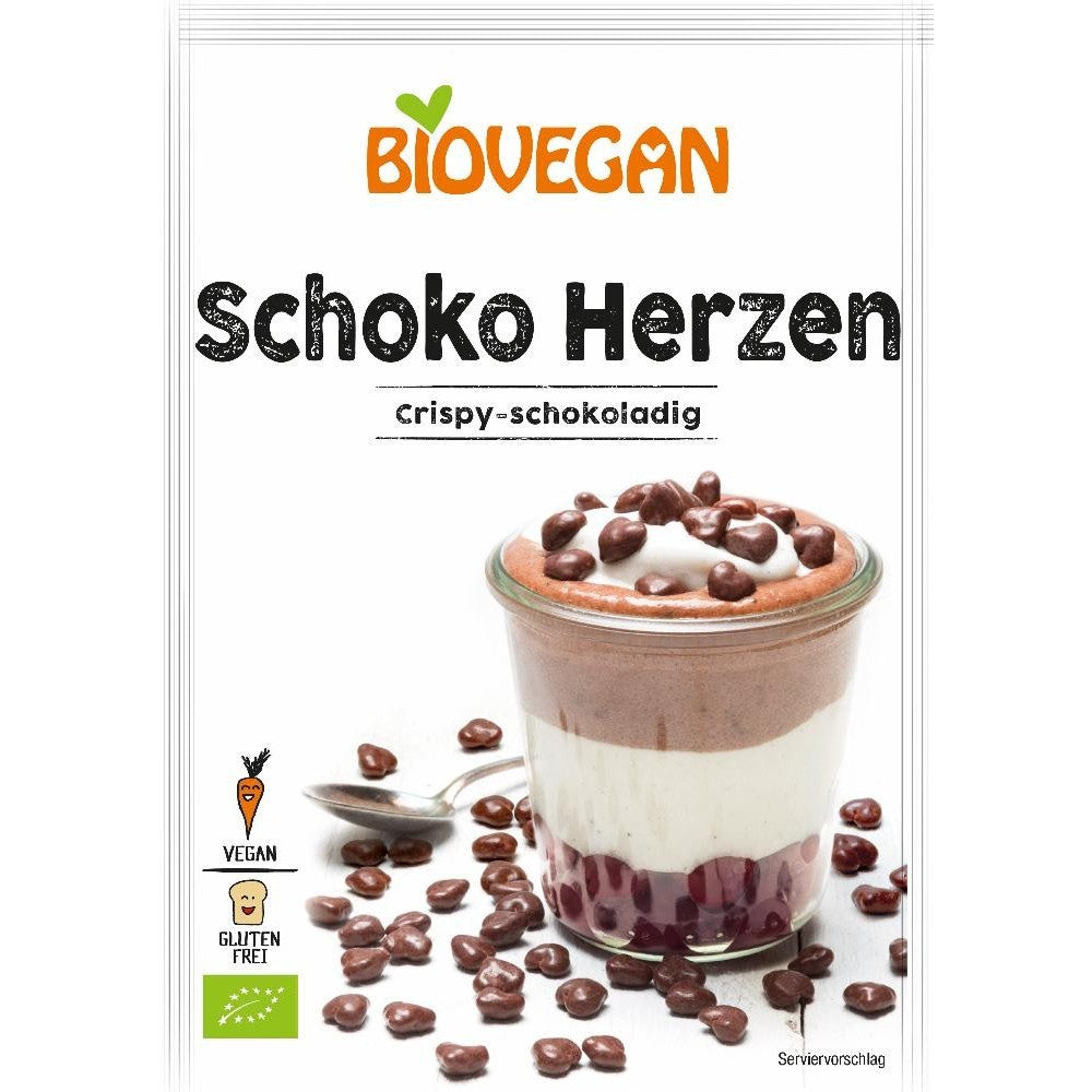 Decorațiuni bio inimioare ciocolată 35g biovegan pe pahar desert, ciocolată prelinsă.