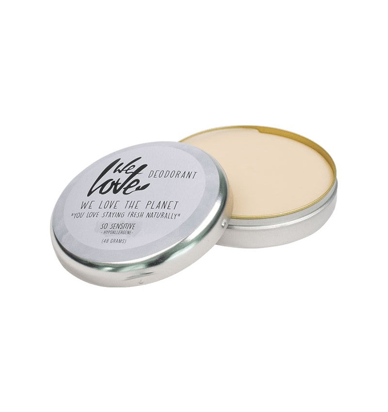 Deodorant cremă So Sensitive 48g We Love the Planet, hipoalergenic, pentru piele sensibilă, cutie metalică.