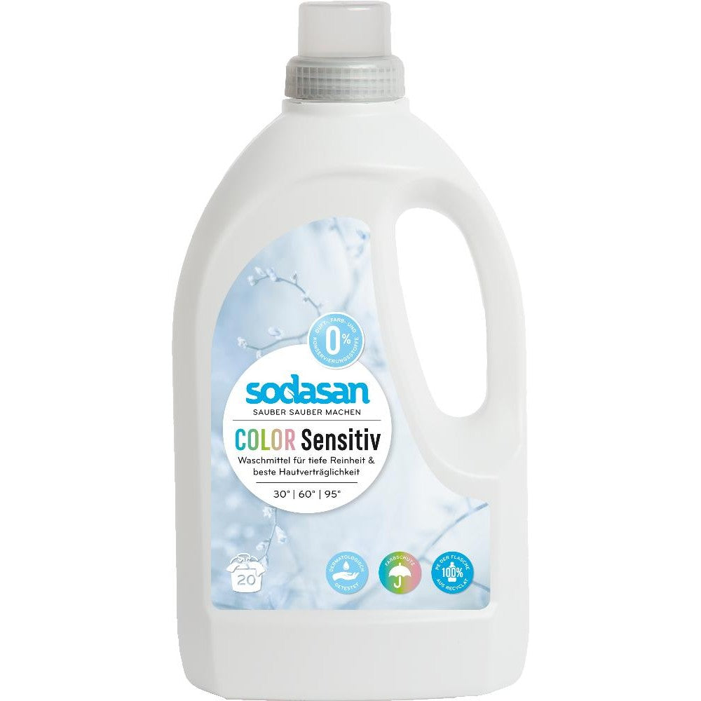 Detergent bio lichid color Sensitiv 1.5L SODASAN, flacon alb, capacitate 20 spălări.