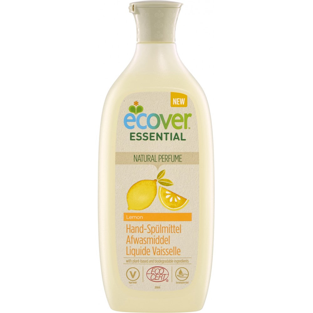 Detergent lichid pentru vase Ecover cu lamaie, ecologic, sticla galbenă.