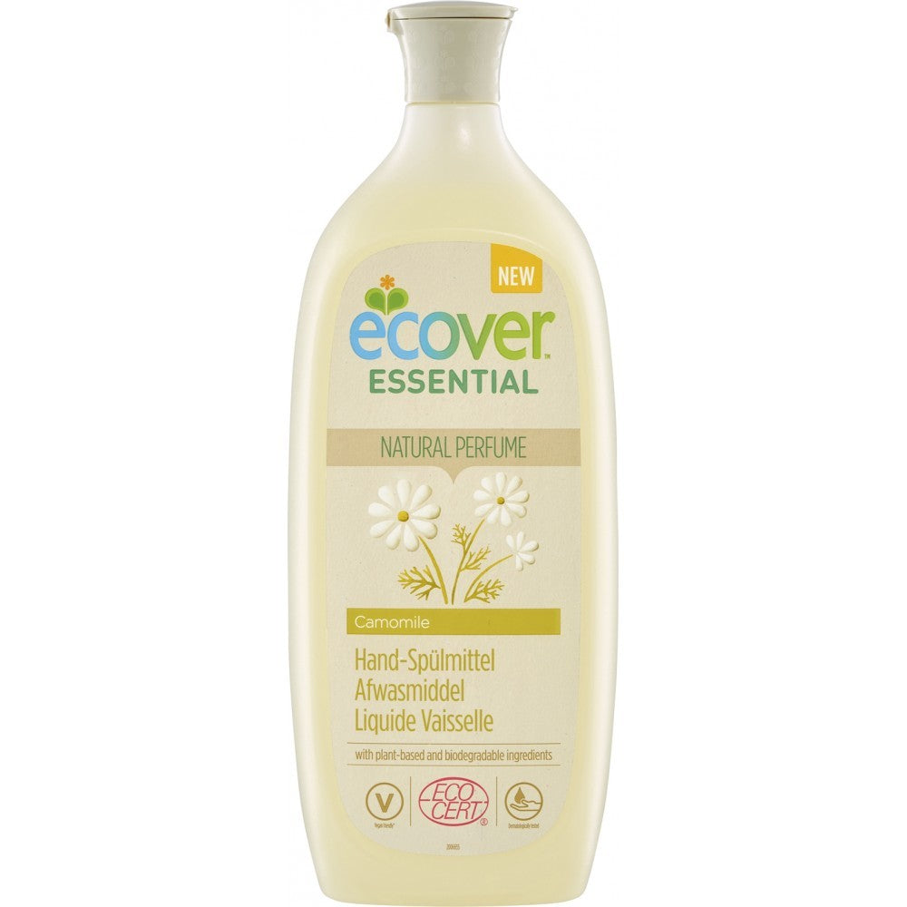 Detergent lichid pentru vase Ecover cu mușețel, certificare ECOCERT, flacon transparent.